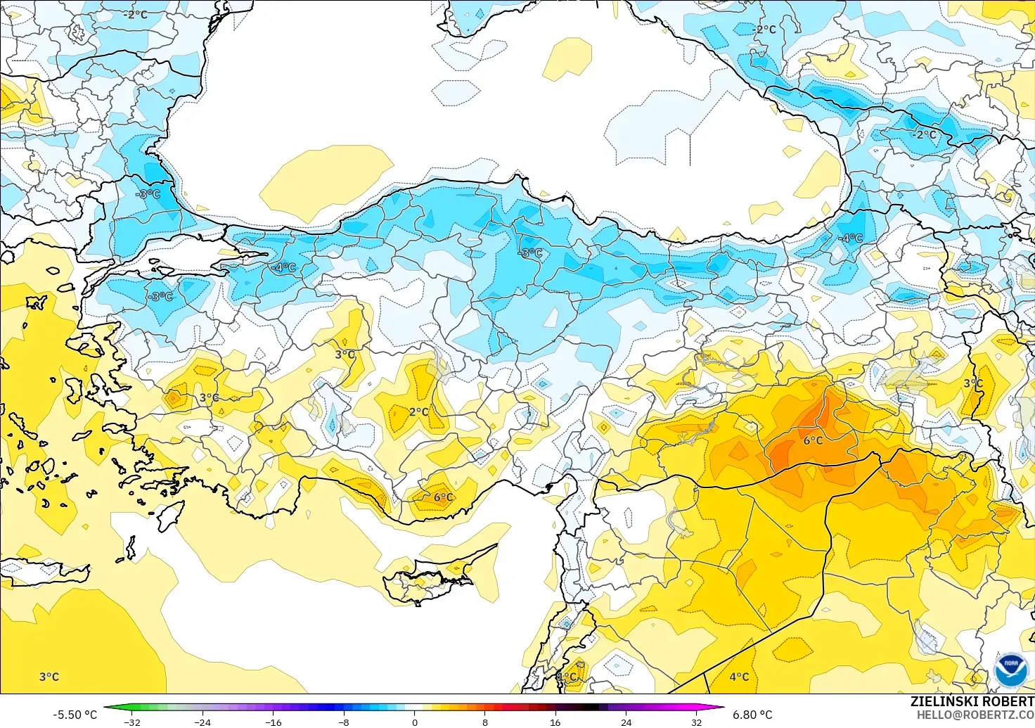 GFS modelo - Turkey, Temperature at 2m Anomaly