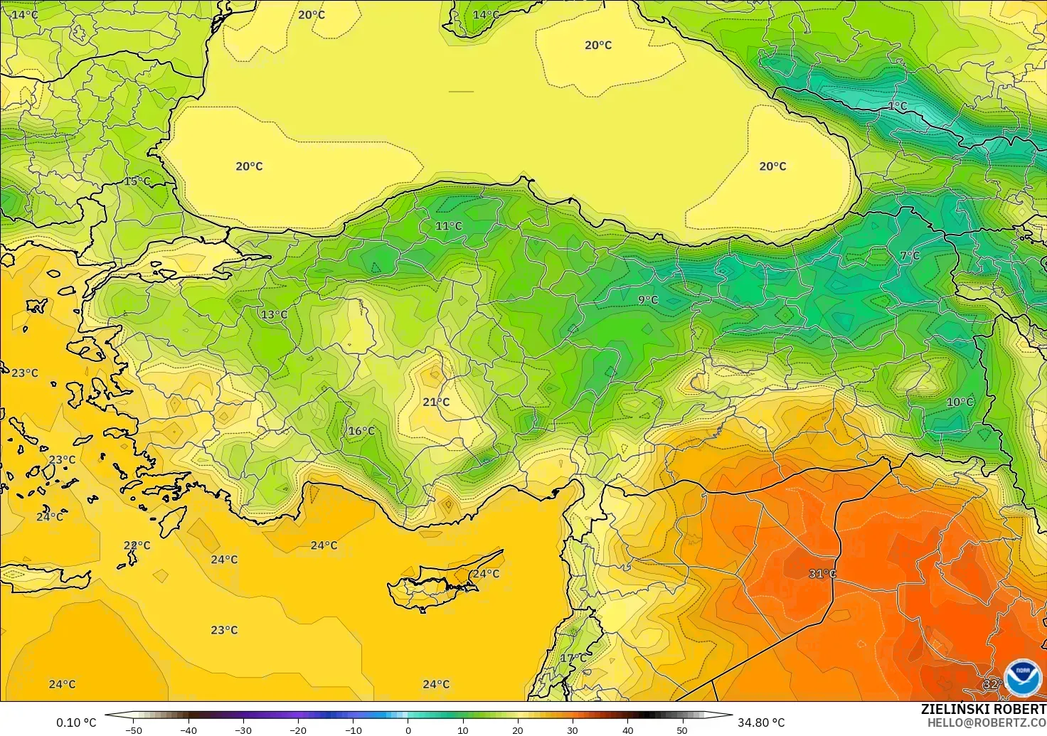 GFS modelo - Turkey, Temperature at 2m