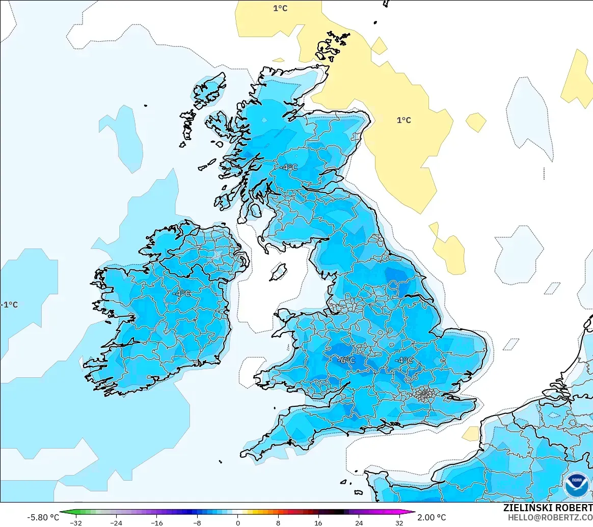 GFS model - Britania Raya, Anomali Suhu 2 m