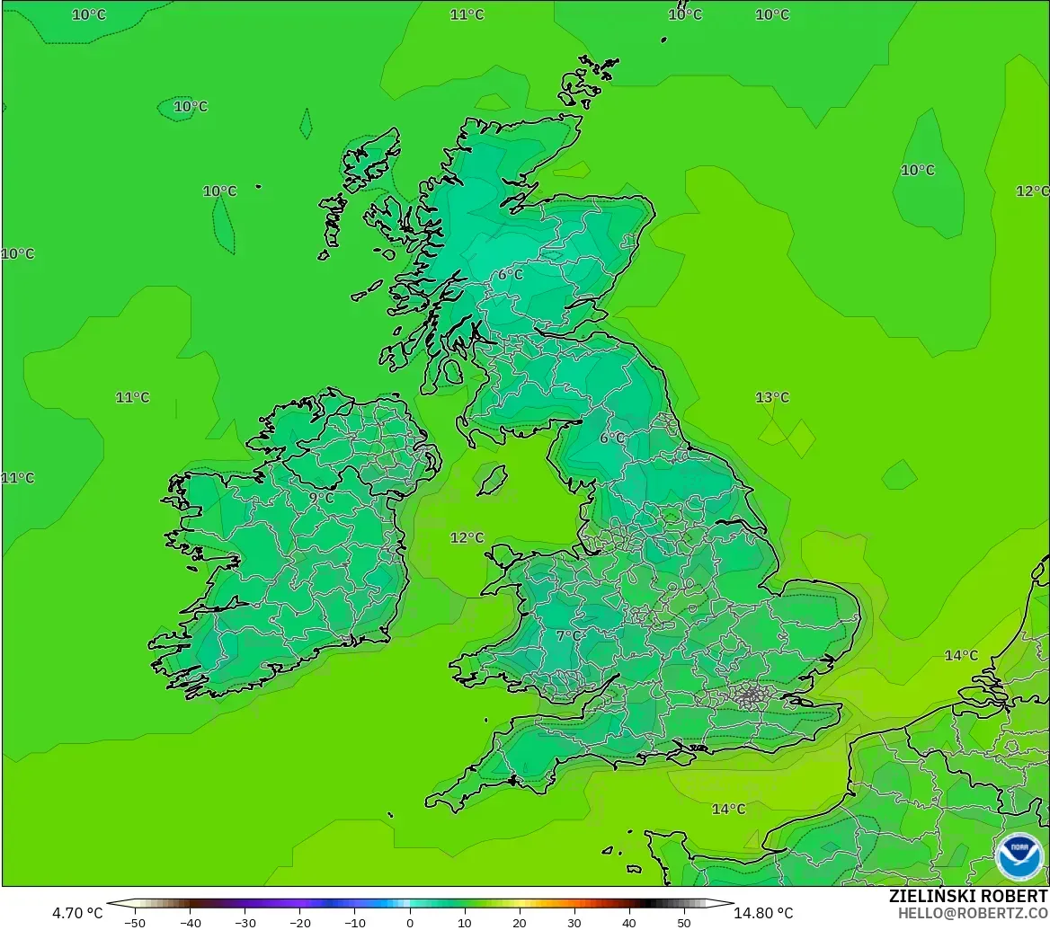 GFS modelo - United Kingdom, Temperature at 2m