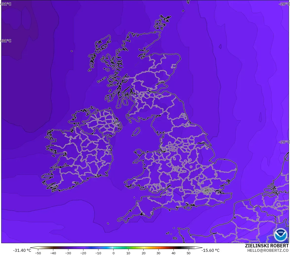 GFS modelo - United Kingdom, Temperature at 500hPa