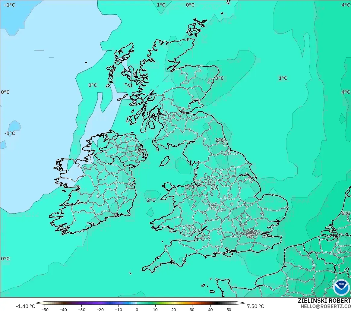 GFS modelo - United Kingdom, Temperature at 850hPa