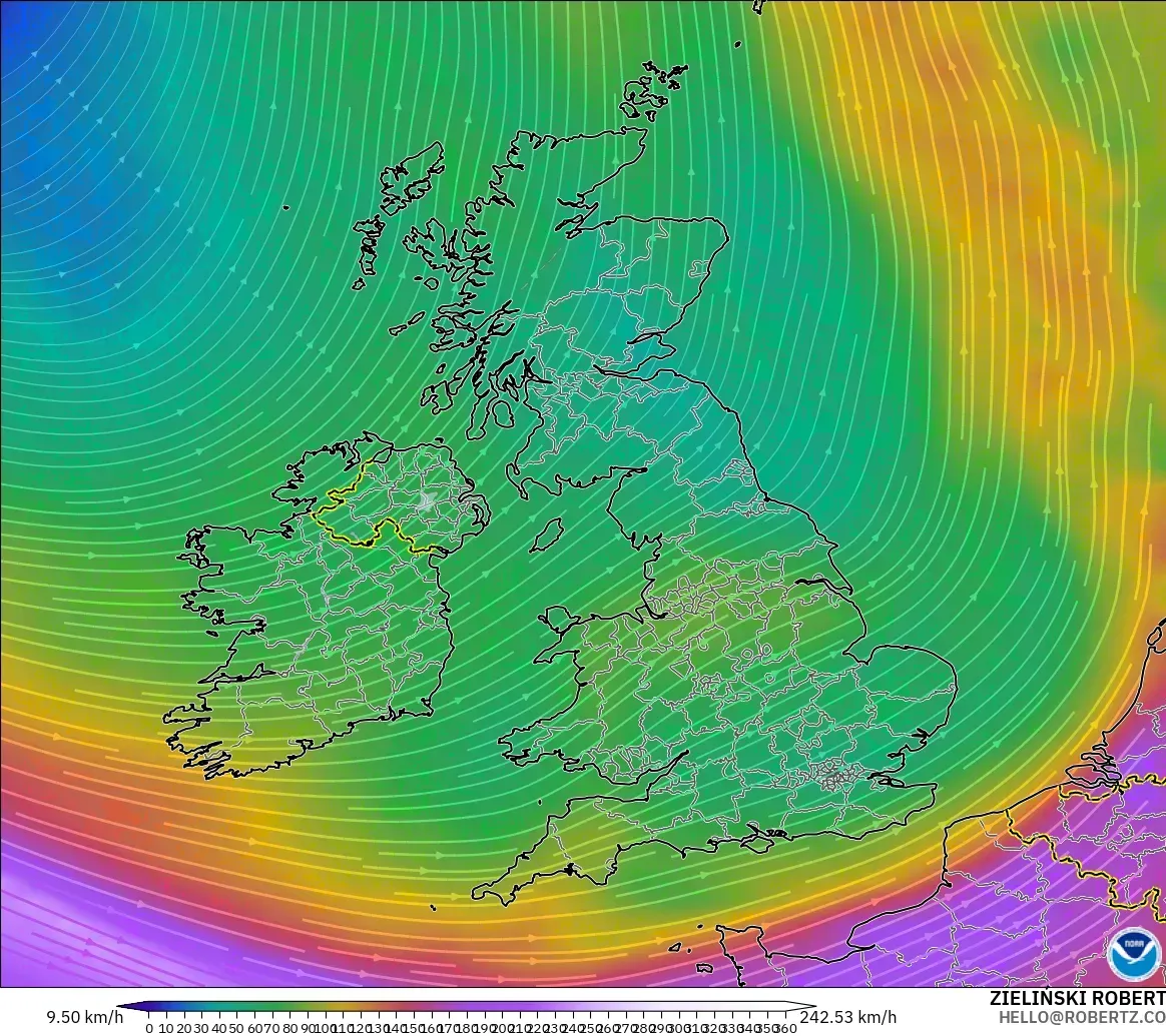 GFS model - Britania Raya, Angin 300 hPa (aliran jet)