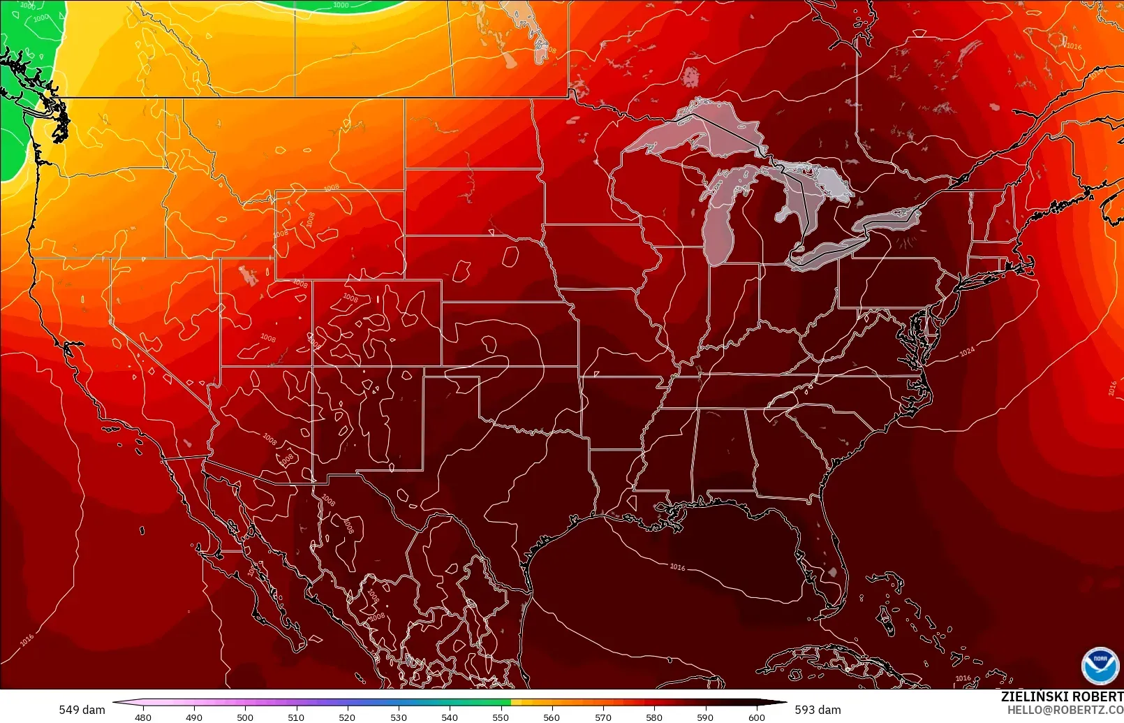 GFS modelo - United States, Geopotential height at 500hPa