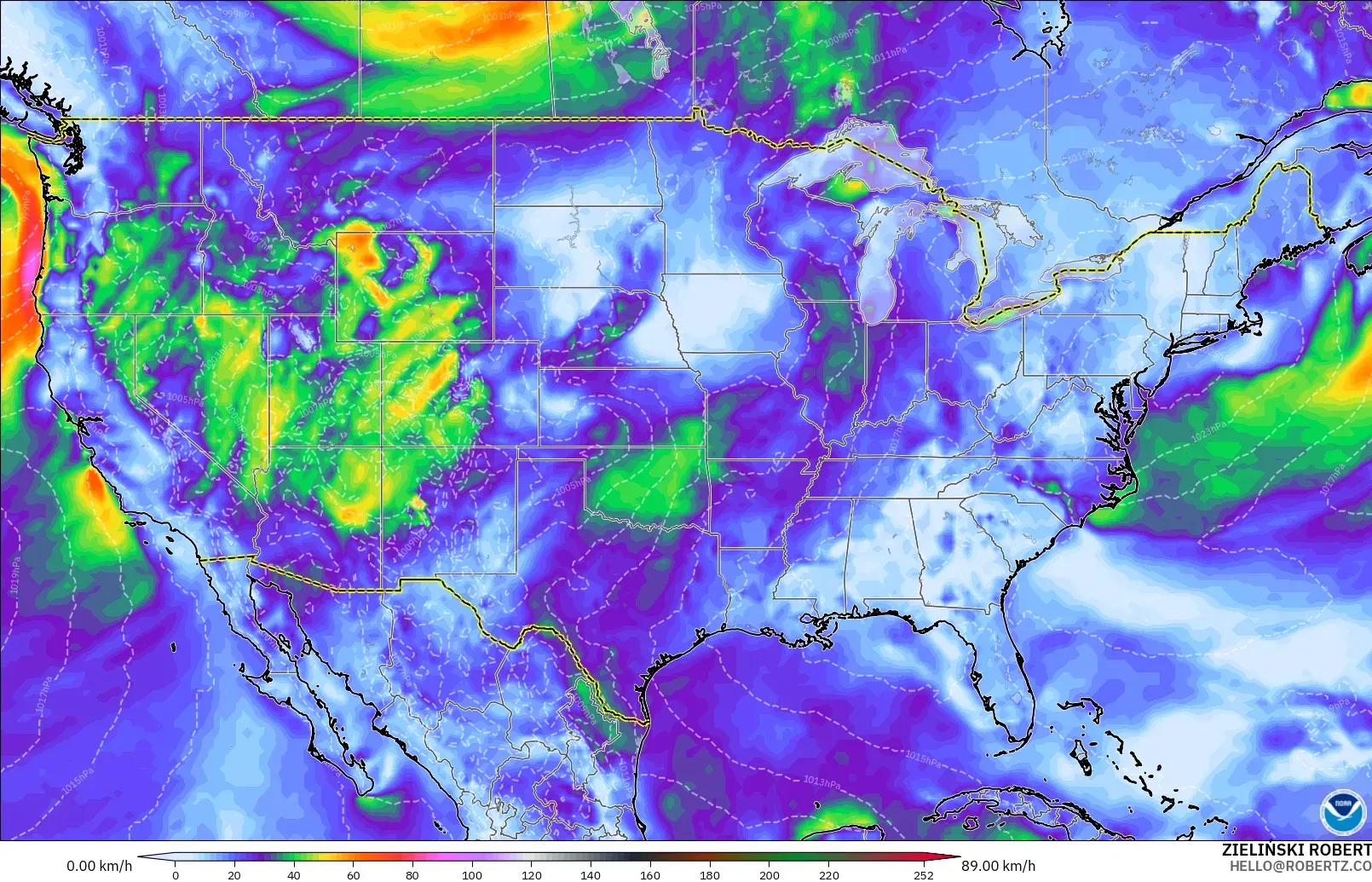 GFS modelo - United States, Wind Gusts