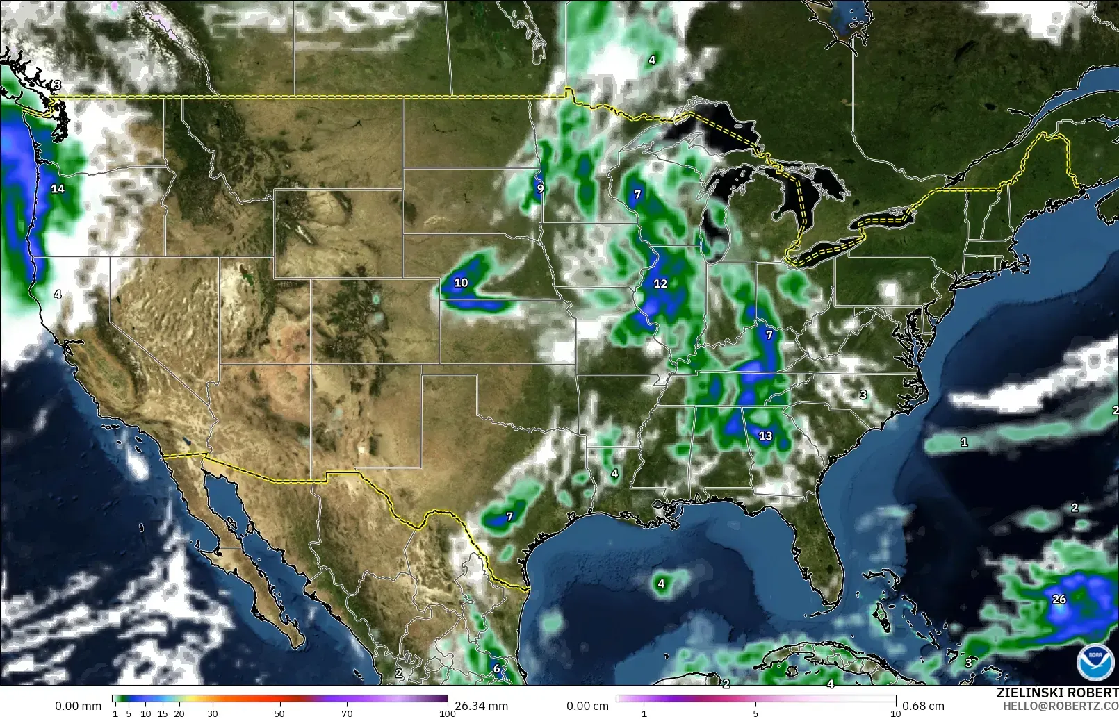 GFS modelo - United States, Precipitation, Clouds, and Pressure