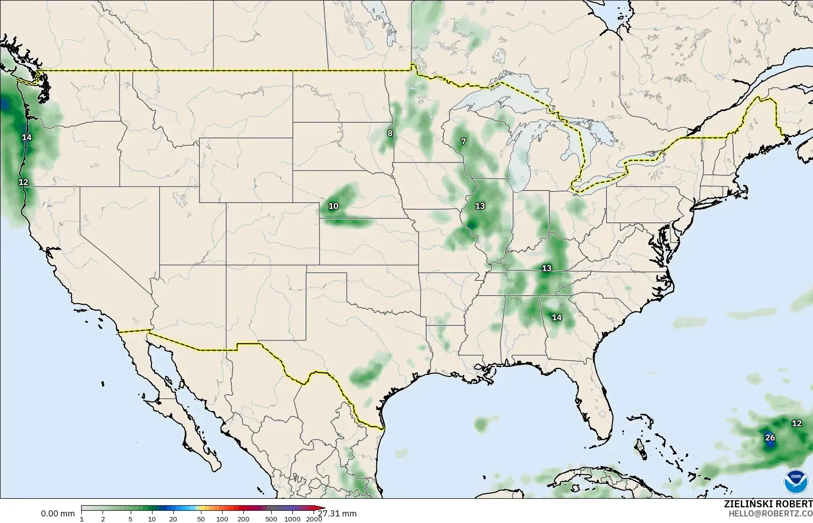 GFS modelo - United States, Precipitation Accumulation