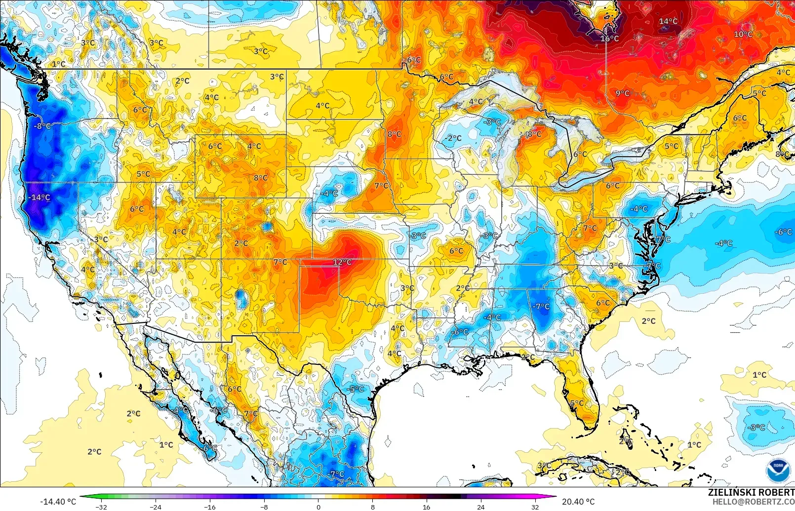 GFS modelo - United States, Temperature at 2m Anomaly