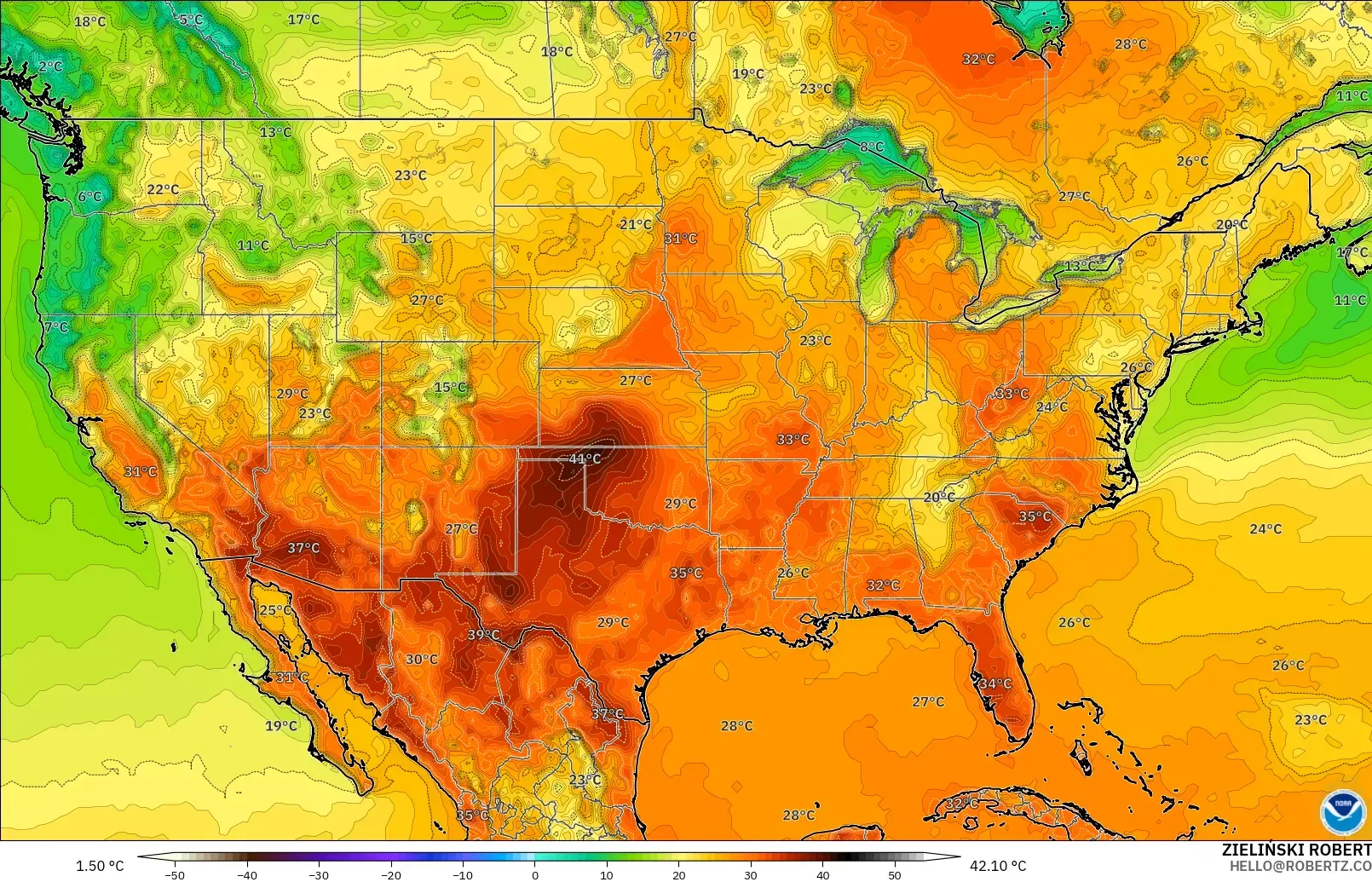 GFS modelo - United States, Temperature at 2m
