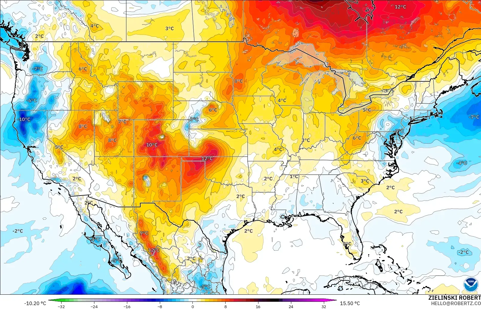 GFS modelo - United States, Temperature at 850hPa Anomaly