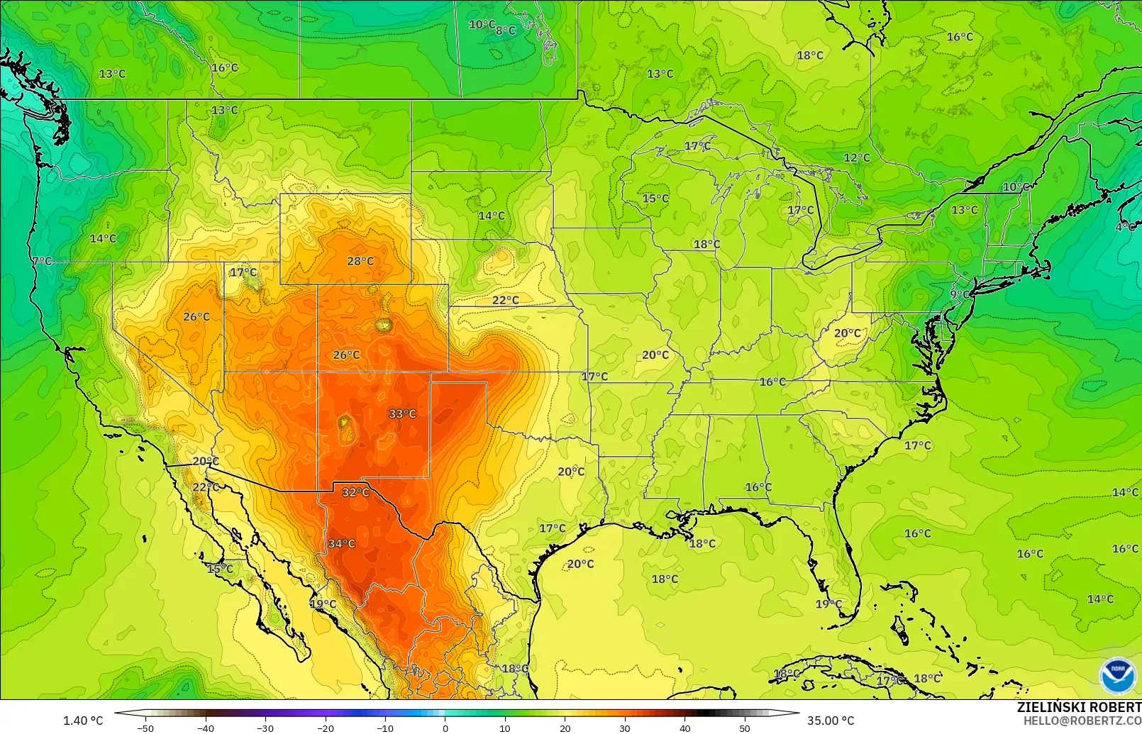 GFS modelo - United States, Temperature at 850hPa