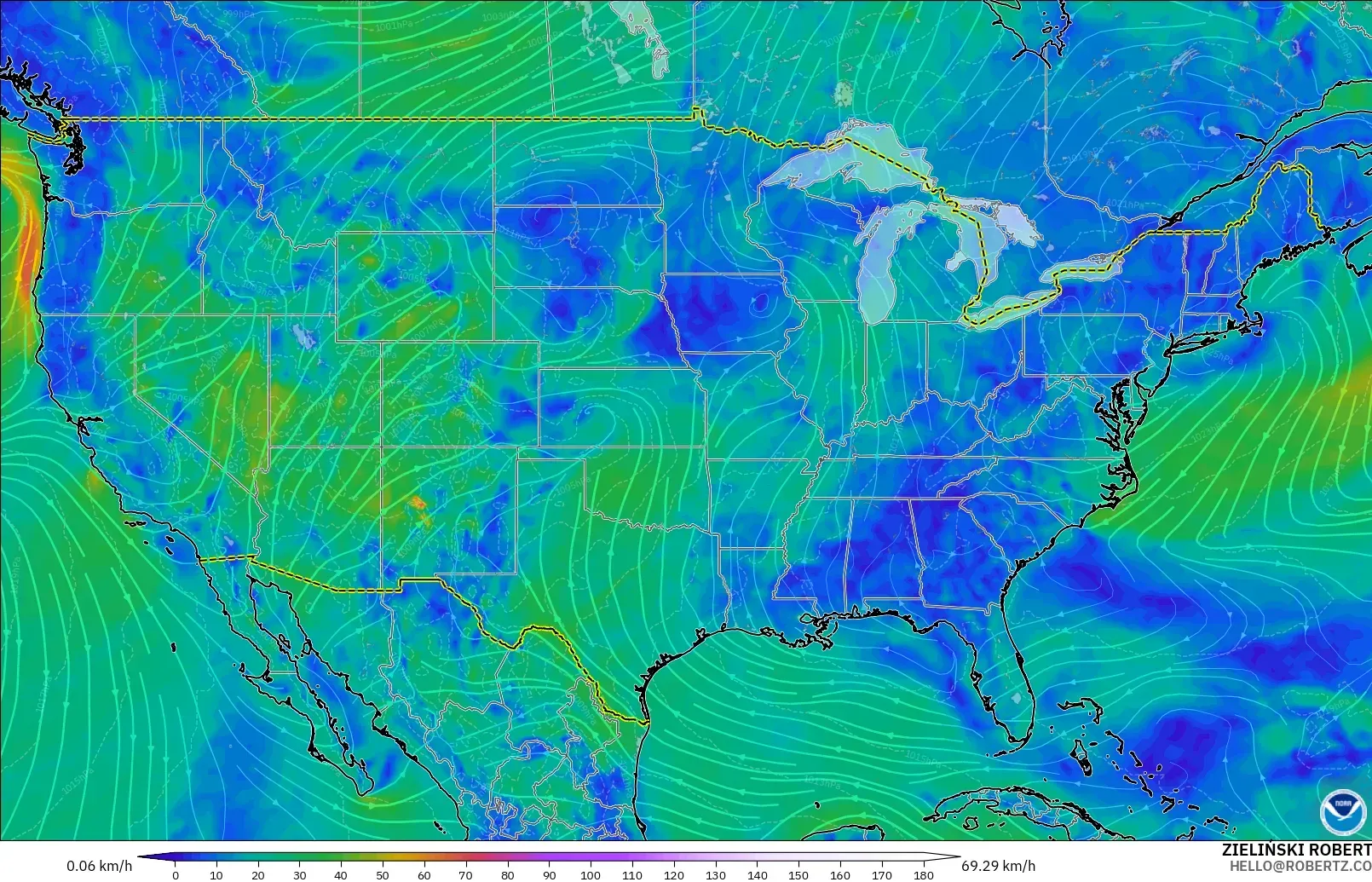 GFS model - Amerika Serikat, Angin 10 m