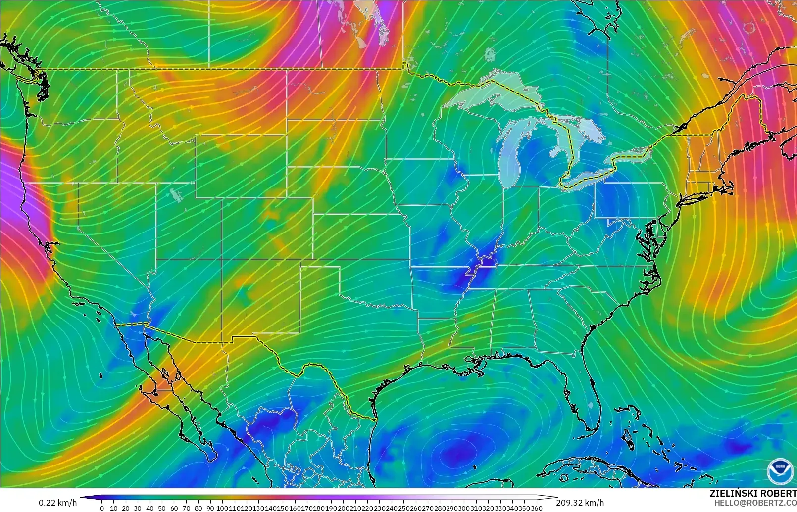 GFS modelo - United States, Wind at 300hPa (jet stream)