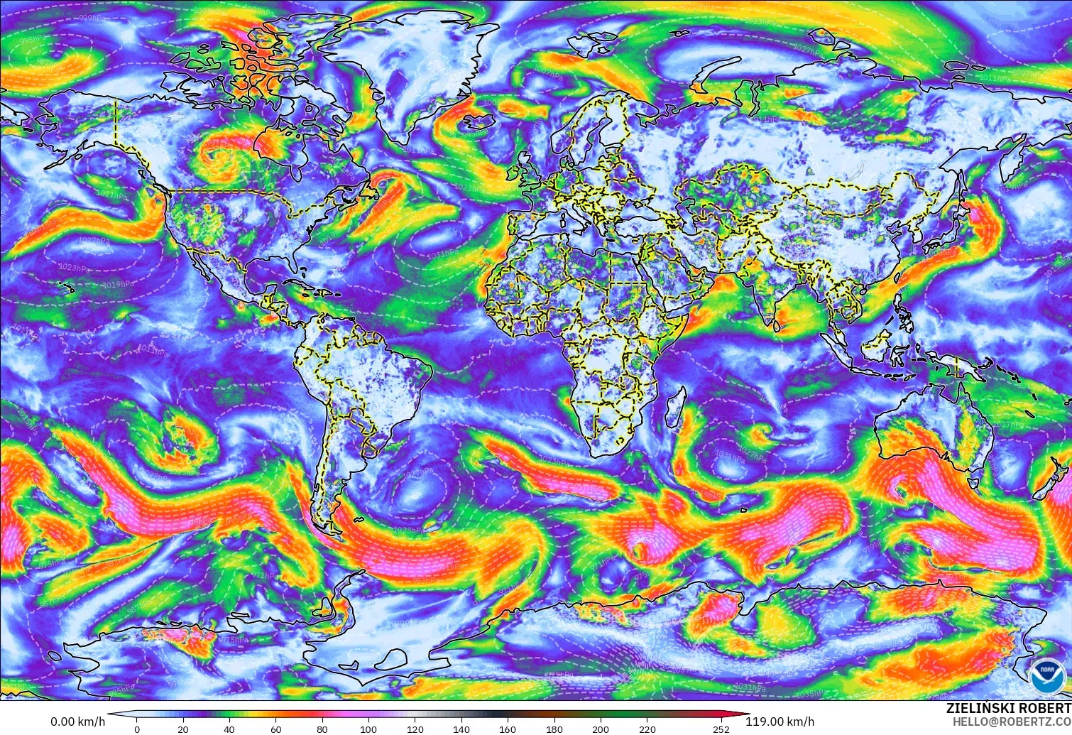 GFS modelo - World, Wind Gusts Peak