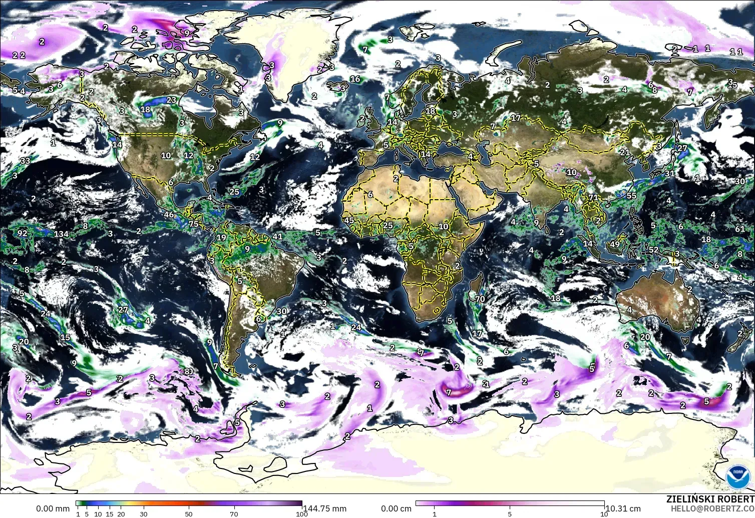 GFS modelo - World, Precipitation, Clouds, and Pressure