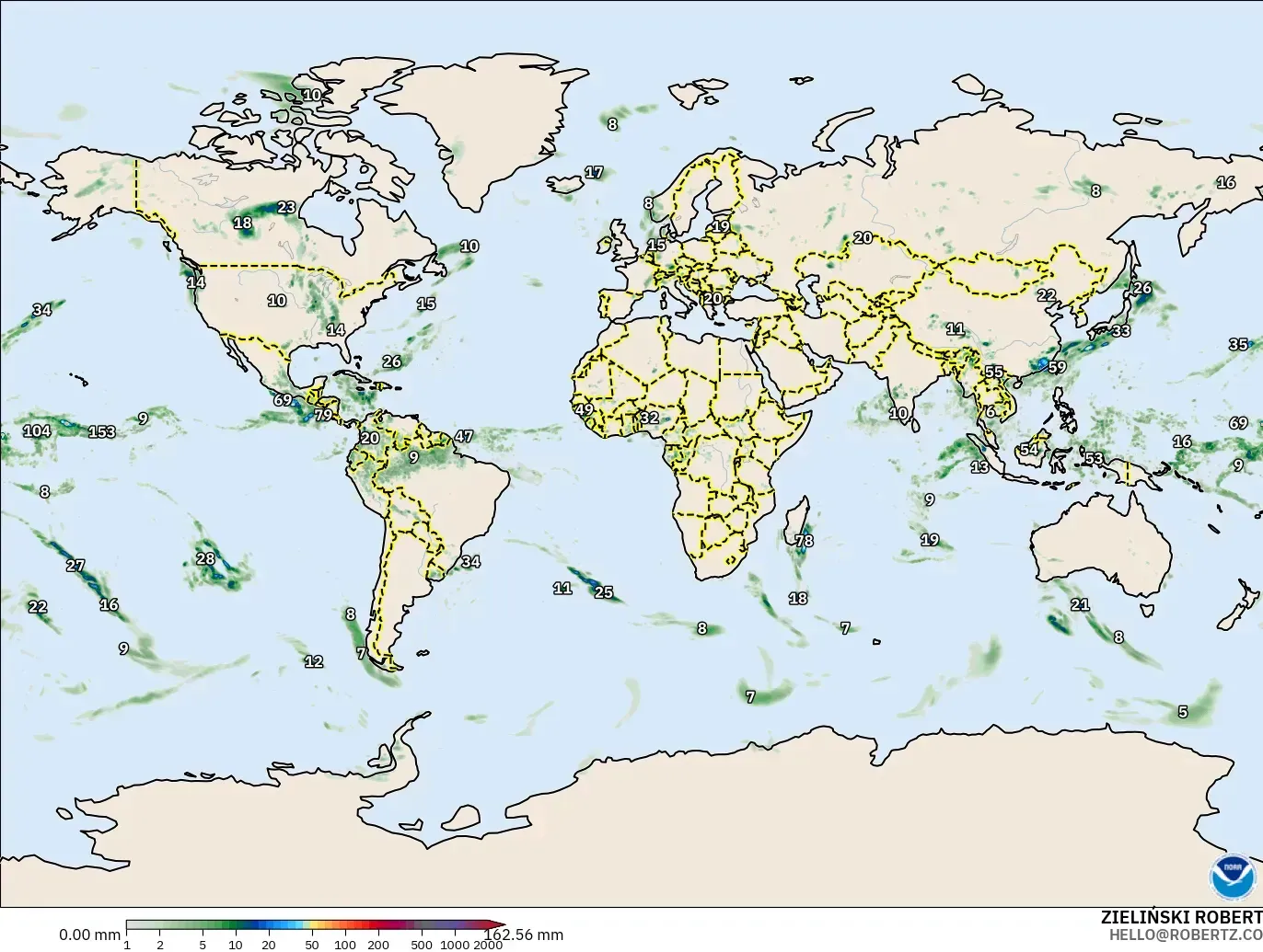 GFS modelo - World, Precipitation Accumulation