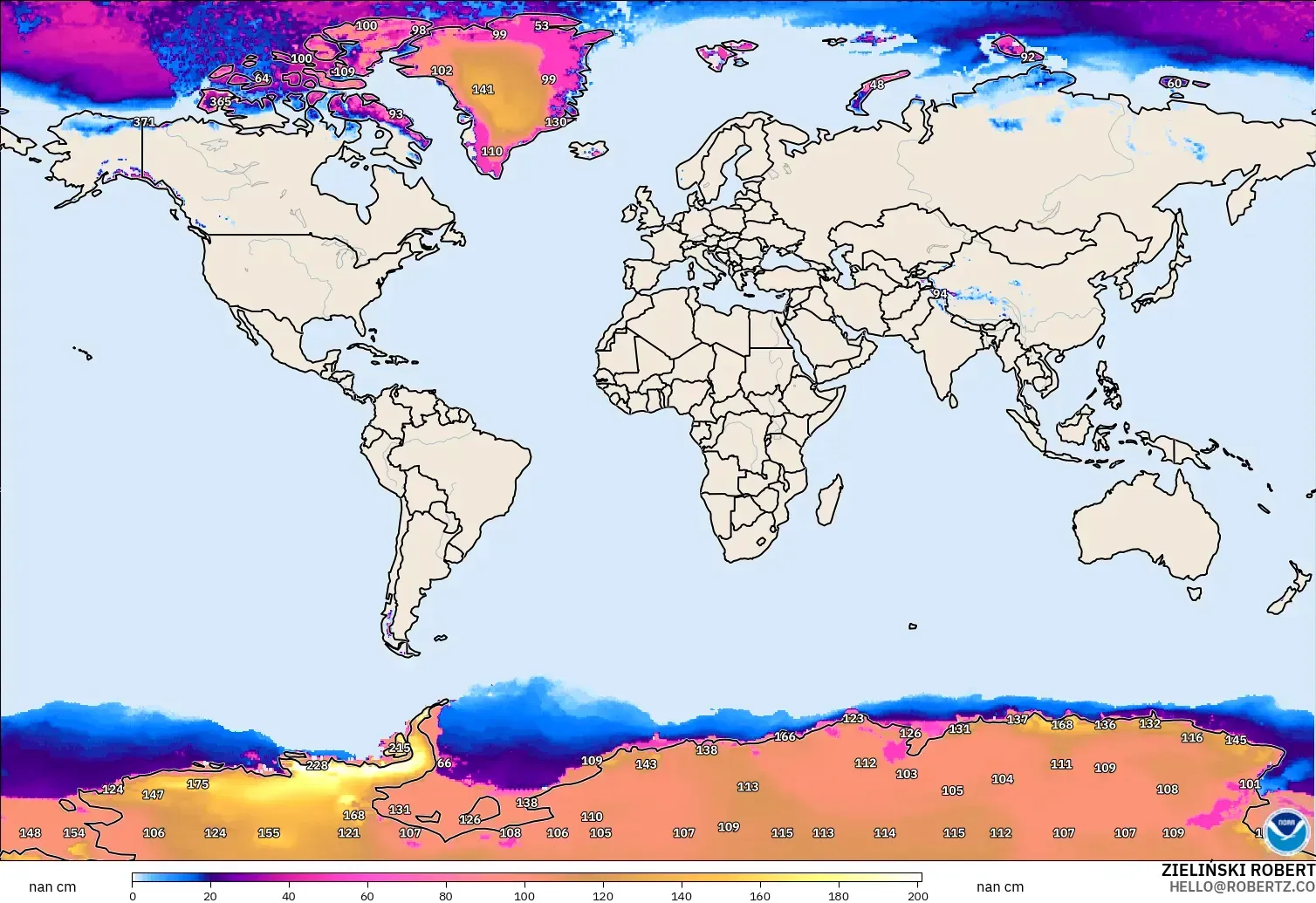 GFS modelo - World, Snow Depth