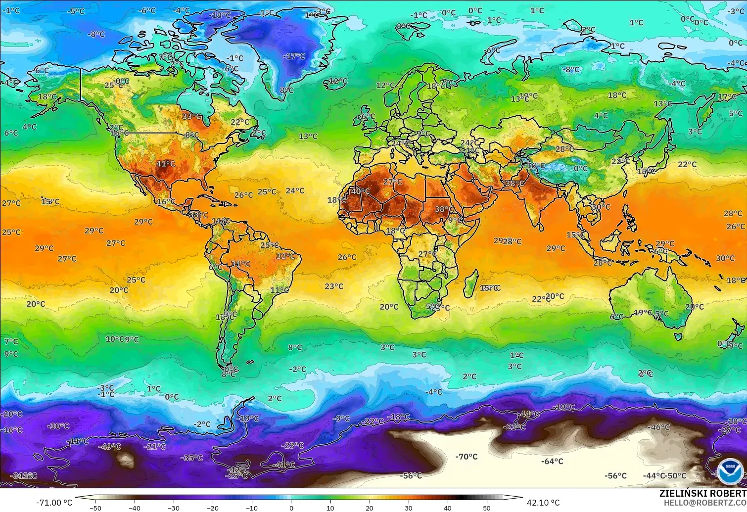 GFS modelo - World, Temperature at 2m