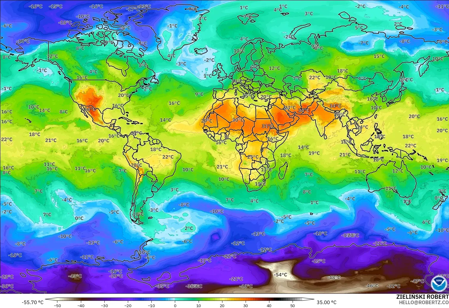 GFS modelo - World, Temperature at 850hPa