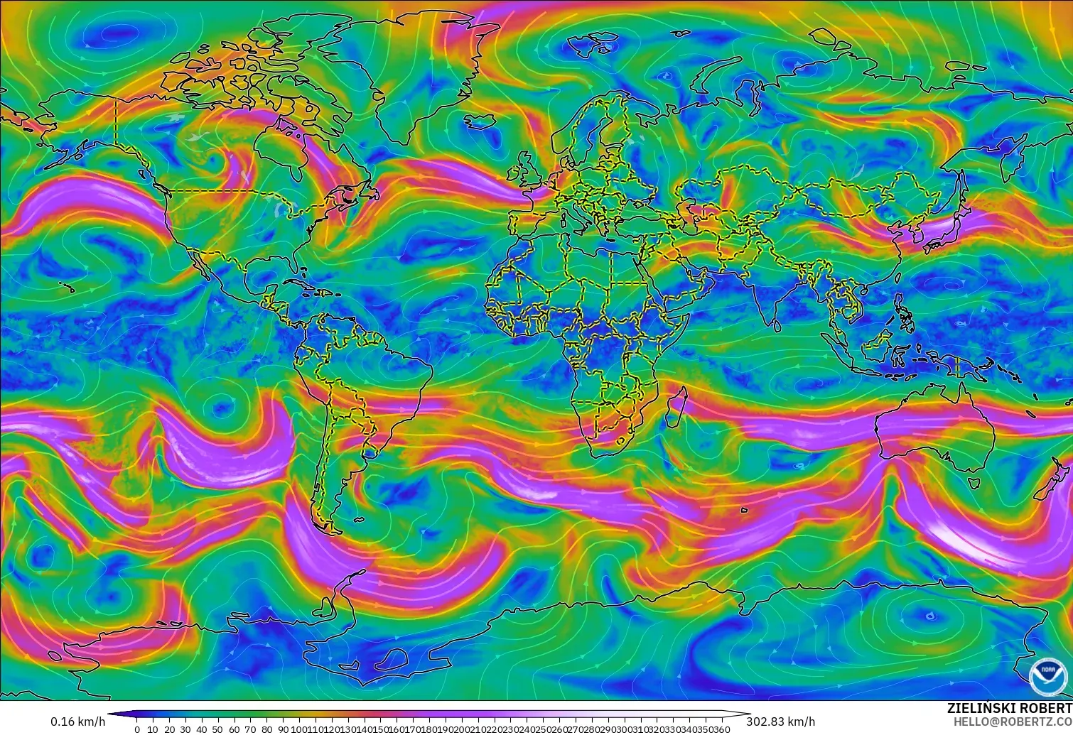 GFS model - Dunia, Angin 300 hPa (aliran jet)