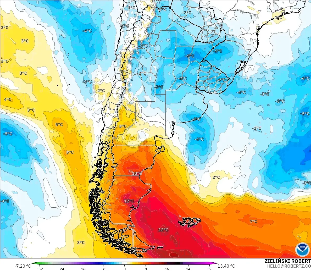 GFS model - Argentina, Anomali Suhu 850 hPa