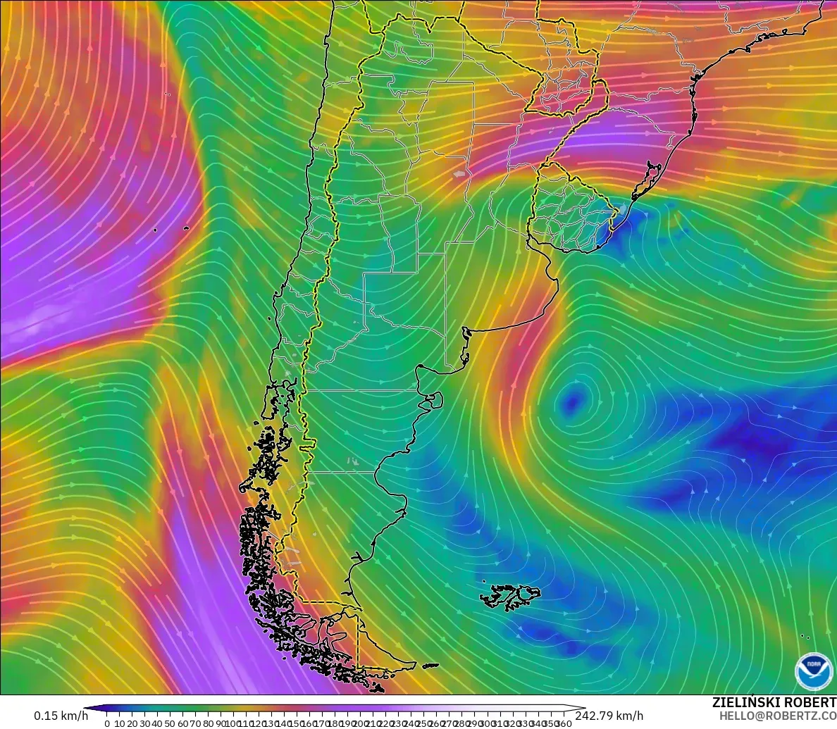 GFS model - Argentina, Angin 300 hPa (aliran jet)