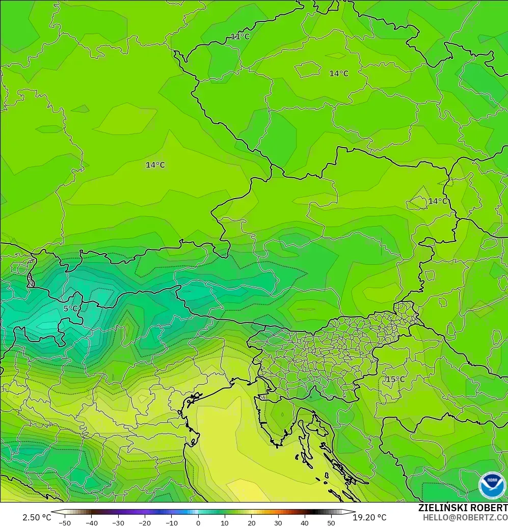 GFS model - Austria, Takat Embun 2 m