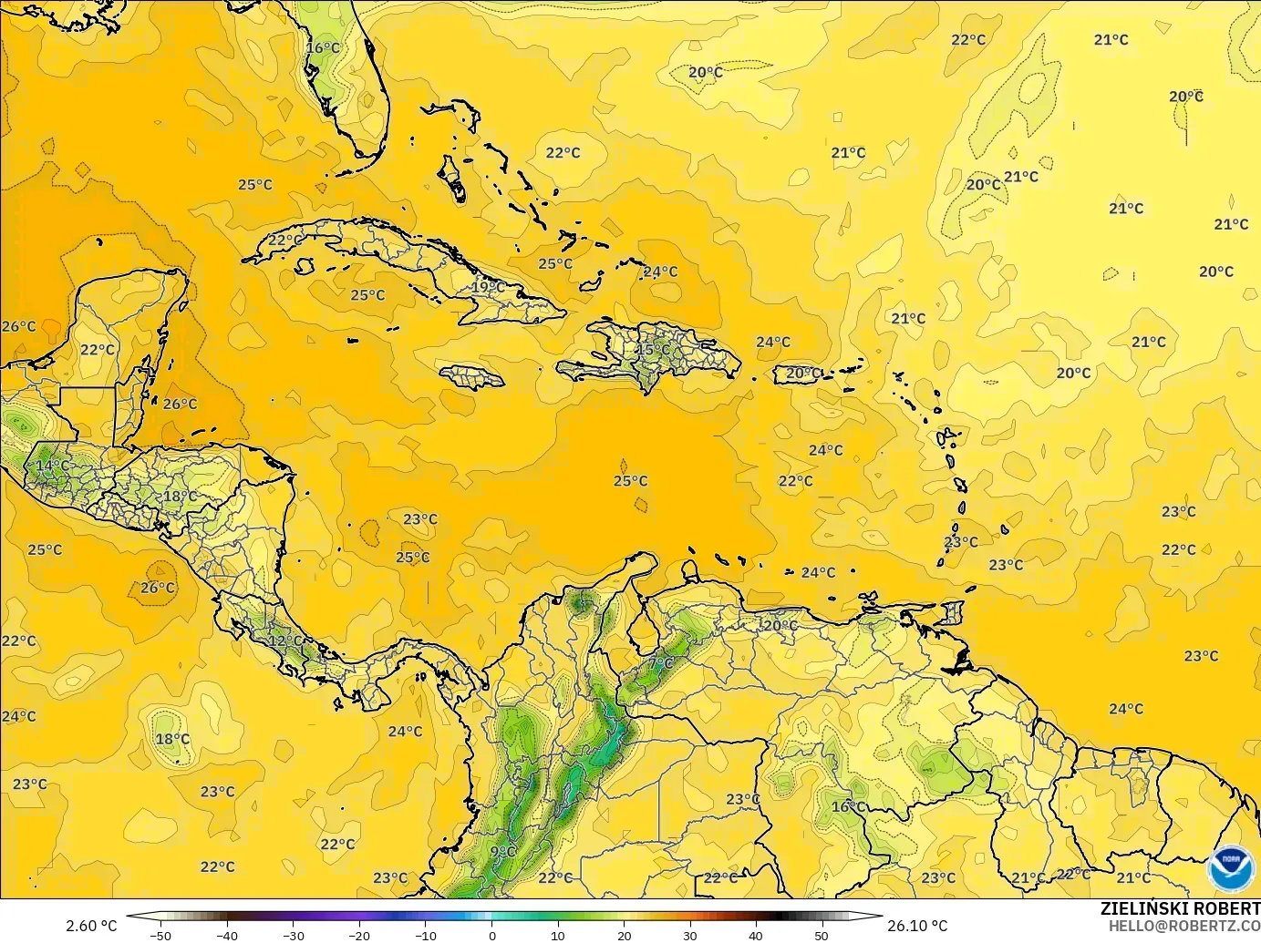GFS model - Karibia, Takat Embun 2 m