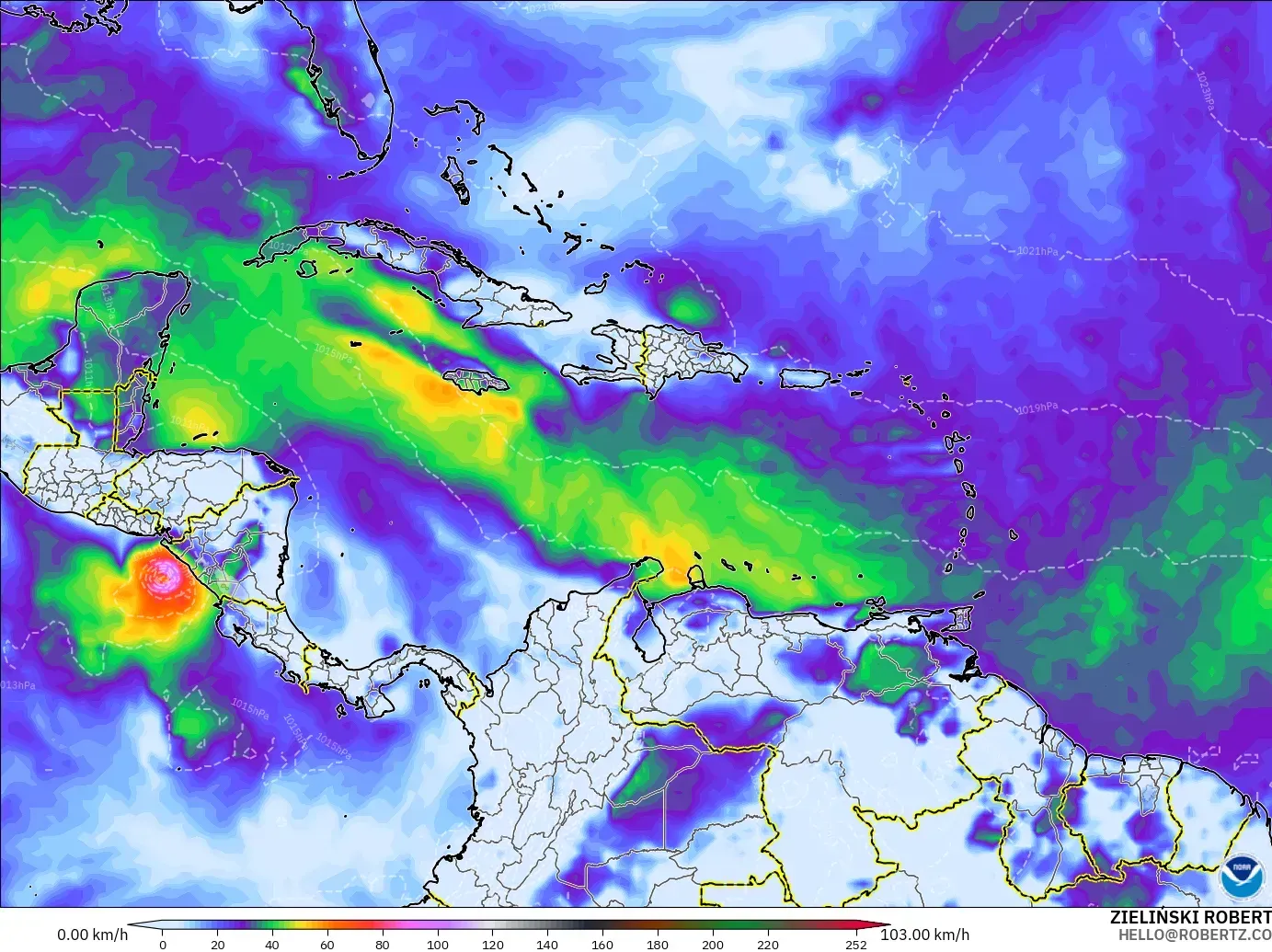 GFS model - Karibia, Hembusan Tertinggi