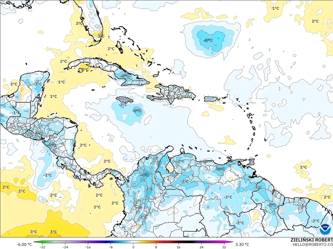 GFS model - Karibia, Anomali Suhu 2 m