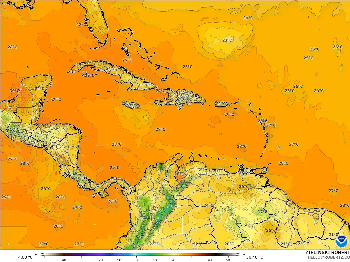 GFS model - Karibia, Suhu pada 2 m
