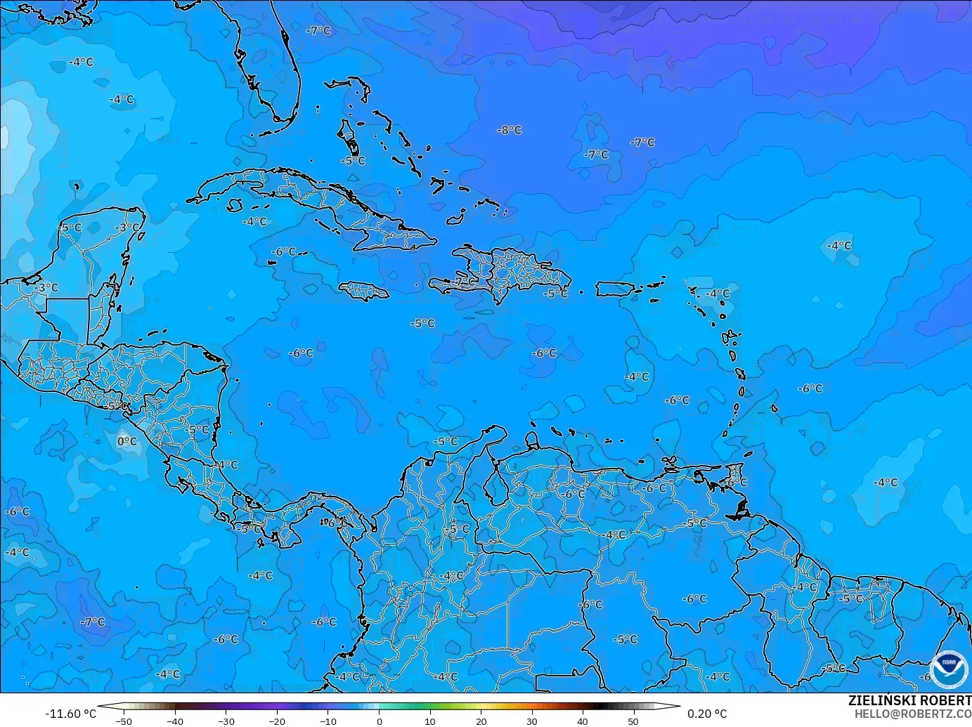 GFS model - Karibia, Suhu 500 hPa