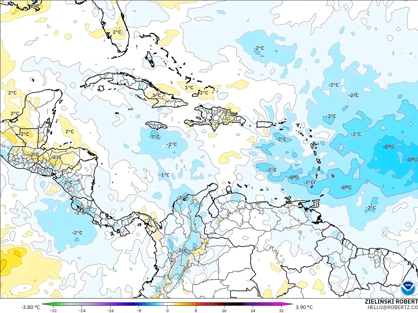 GFS model - Karibia, Anomali Suhu 850 hPa