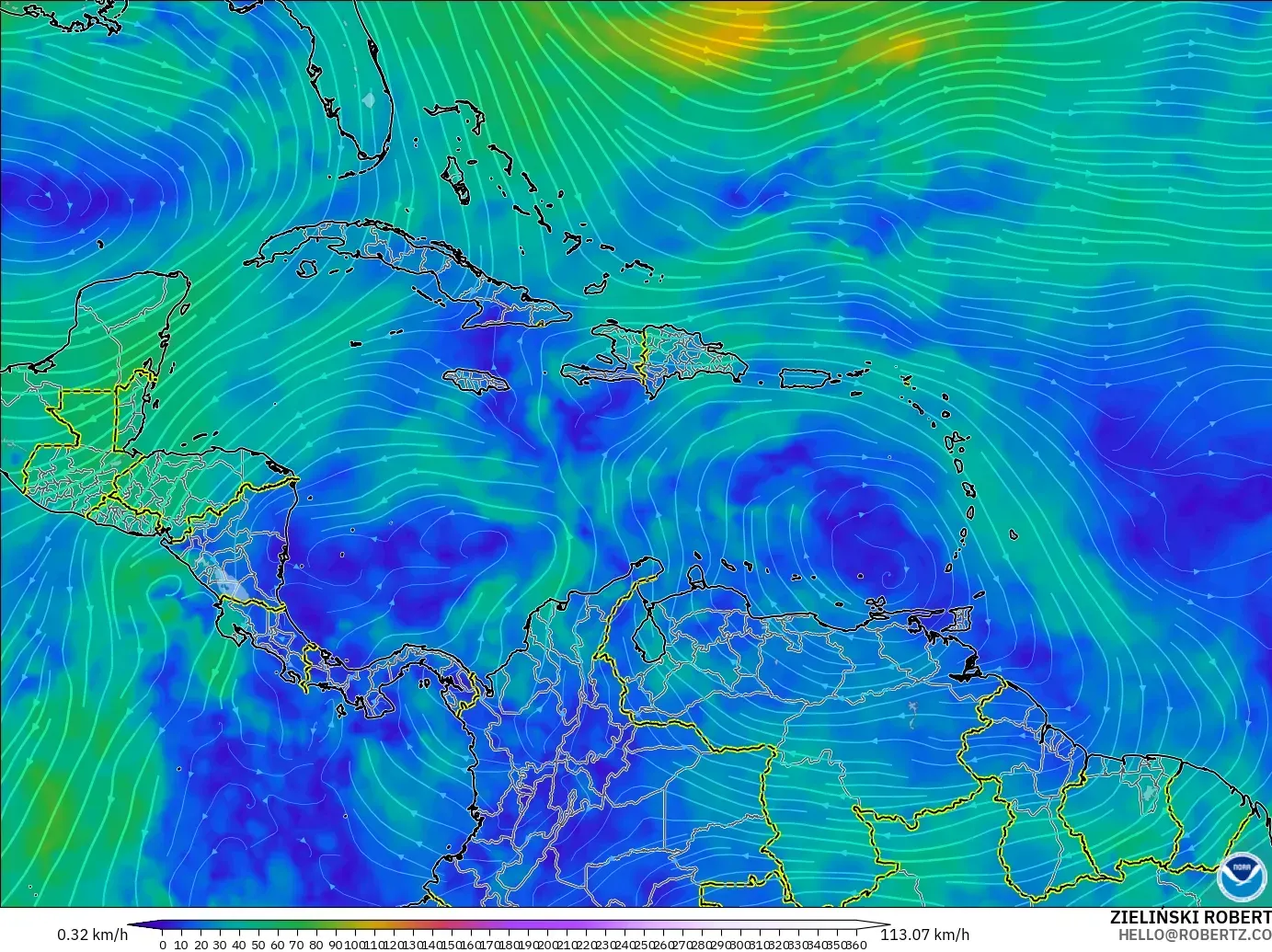 GFS model - Karibia, Angin 300 hPa (aliran jet)