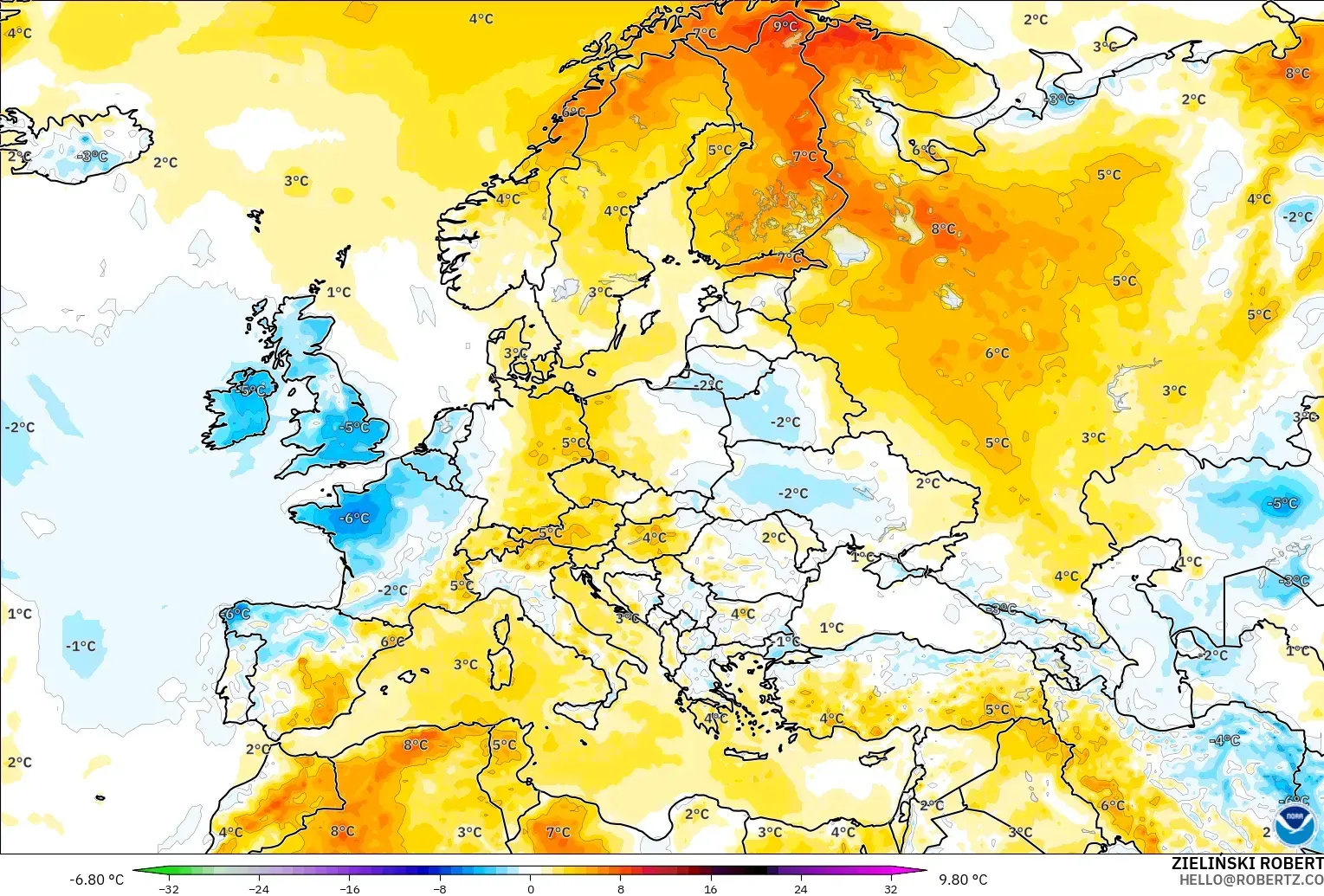 GFS model - Eropah, Anomali Suhu 2 m