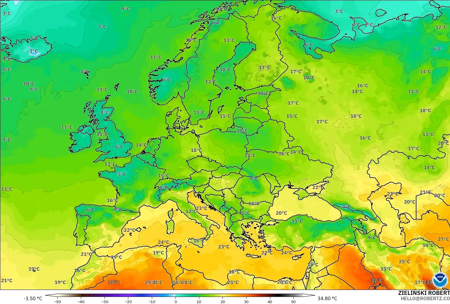 GFS model - Eropah, Suhu pada 2 m