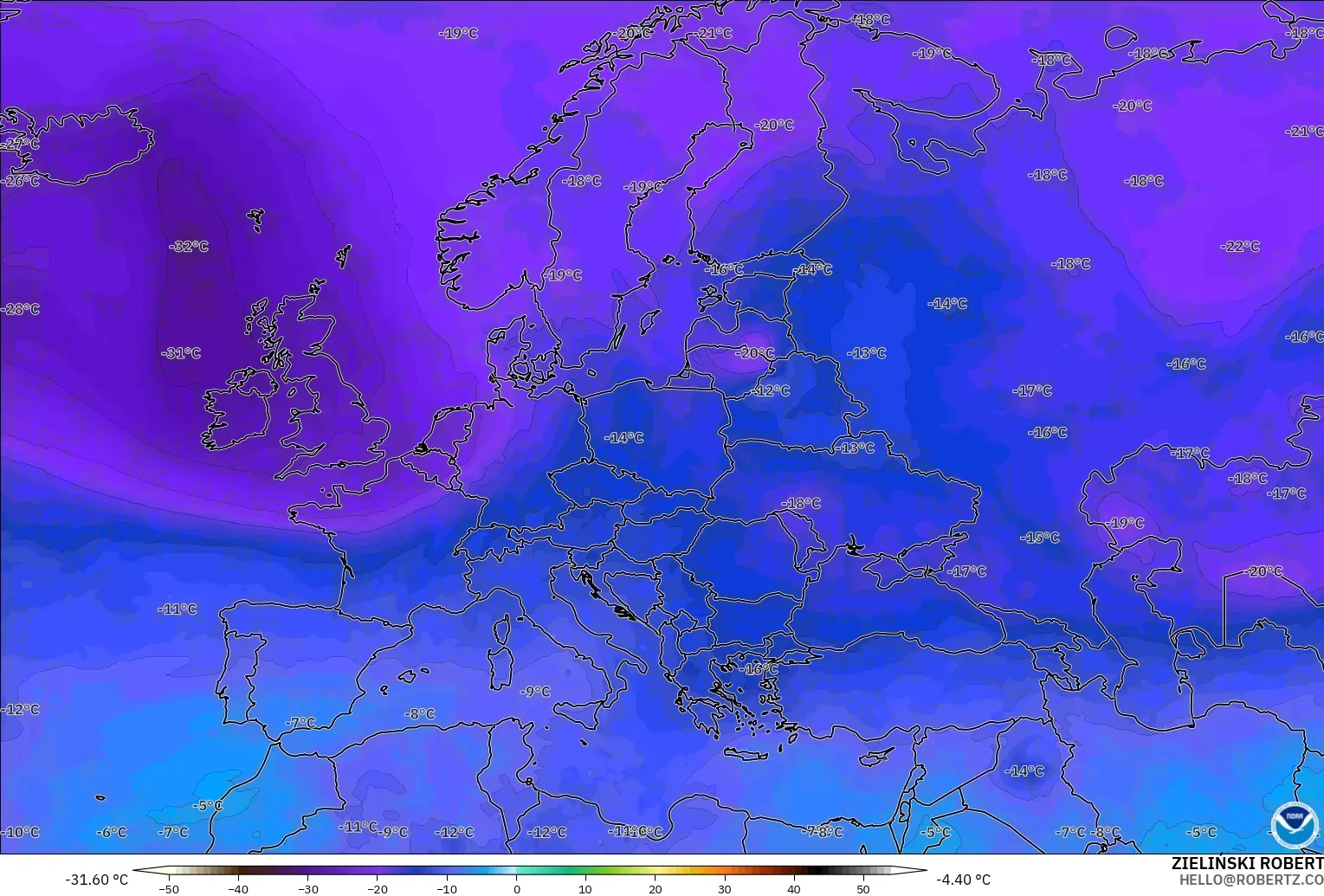 GFS model - Eropah, Suhu 500 hPa