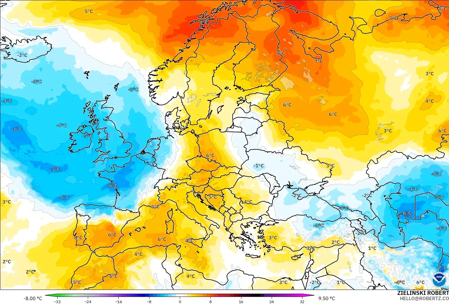 GFS model - Eropah, Anomali Suhu 850 hPa