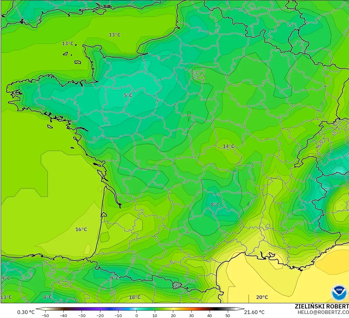 GFS model - Perancis, Suhu pada 2 m