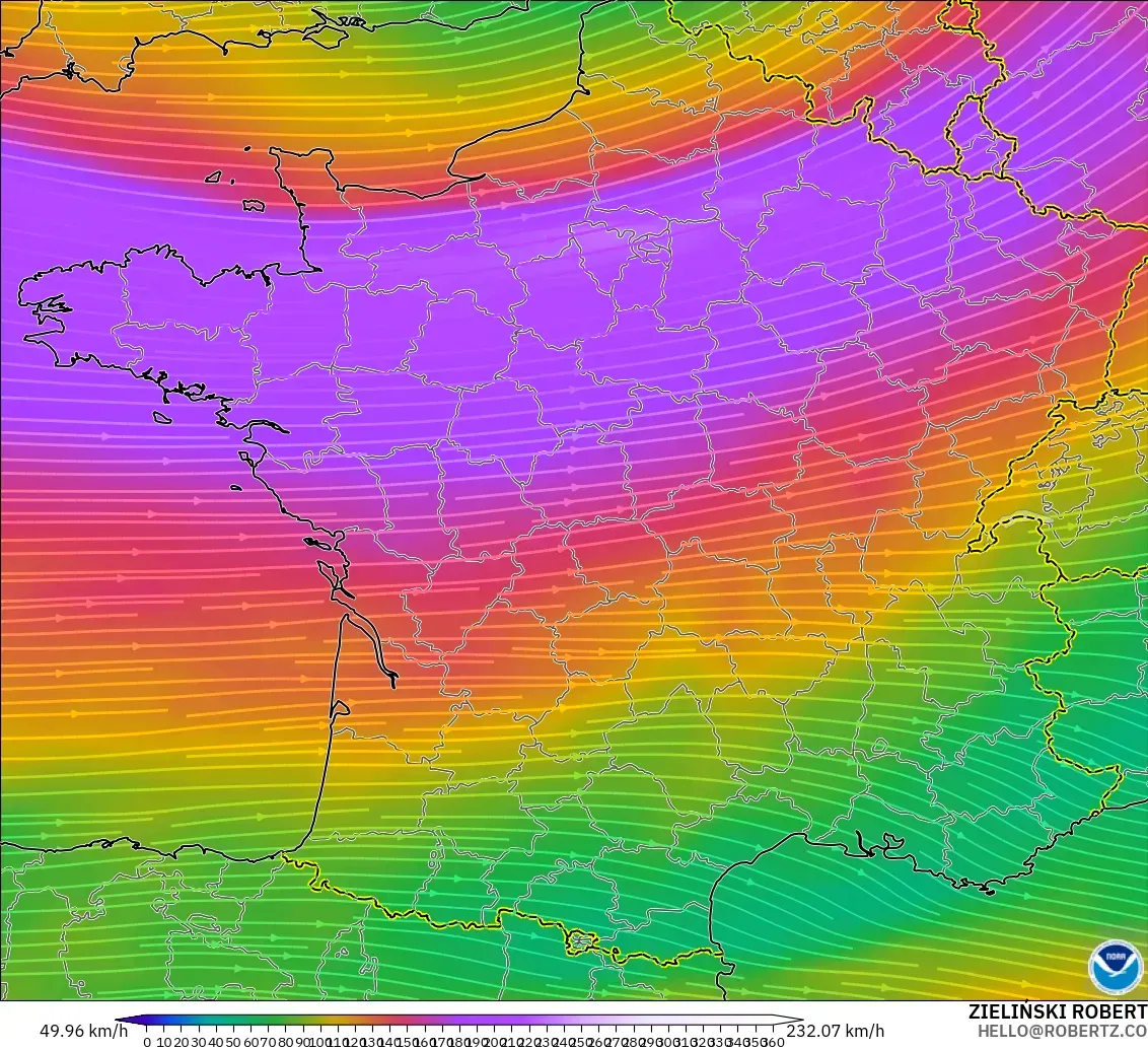 GFS model - Perancis, Angin 300 hPa (aliran jet)