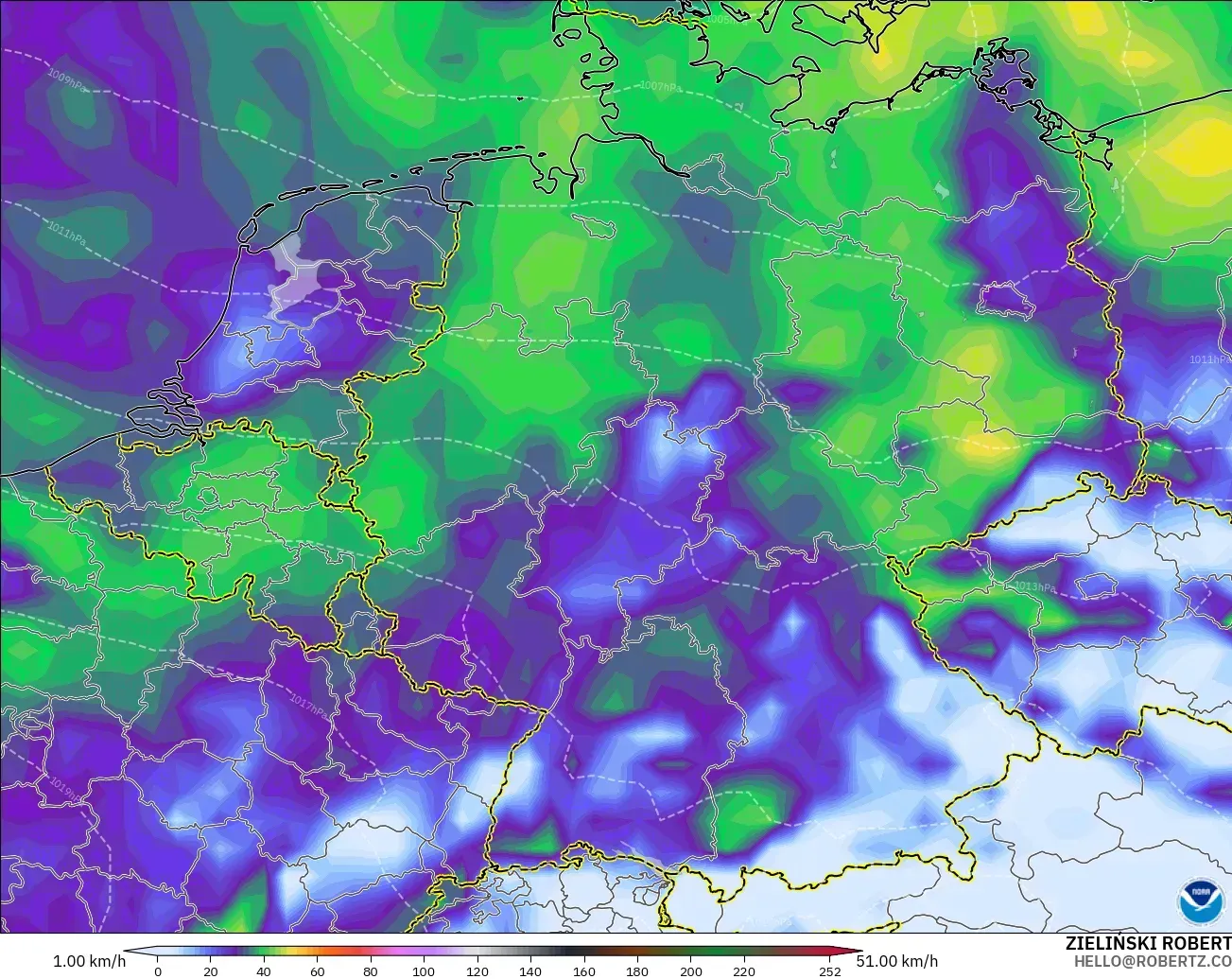 GFS model - Jerman, Hembusan Angin