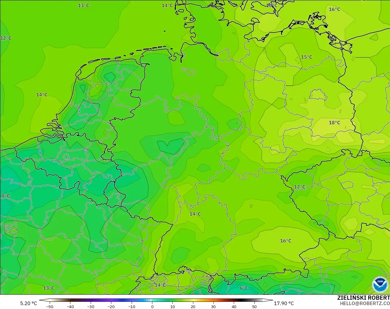 GFS model - Jerman, Suhu pada 2 m