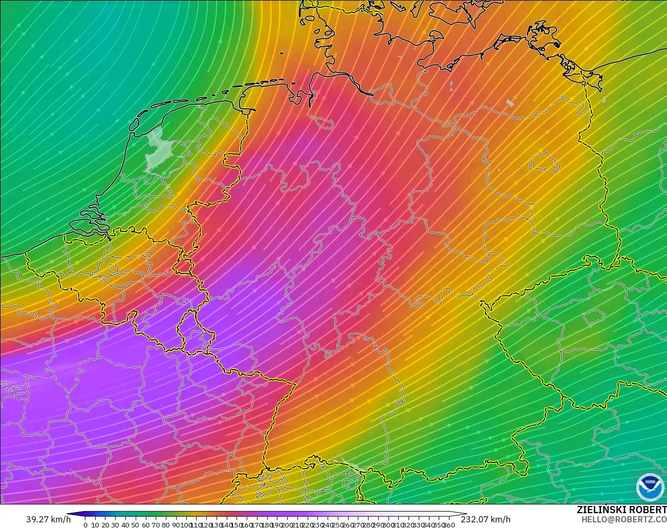 GFS model - Jerman, Angin 300 hPa (aliran jet)