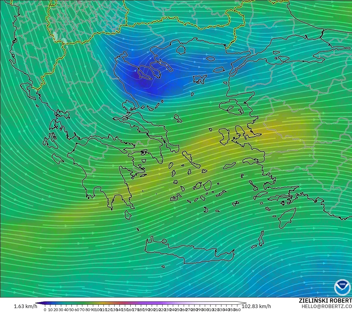 GFS model - Yunani, Angin 300 hPa (aliran jet)