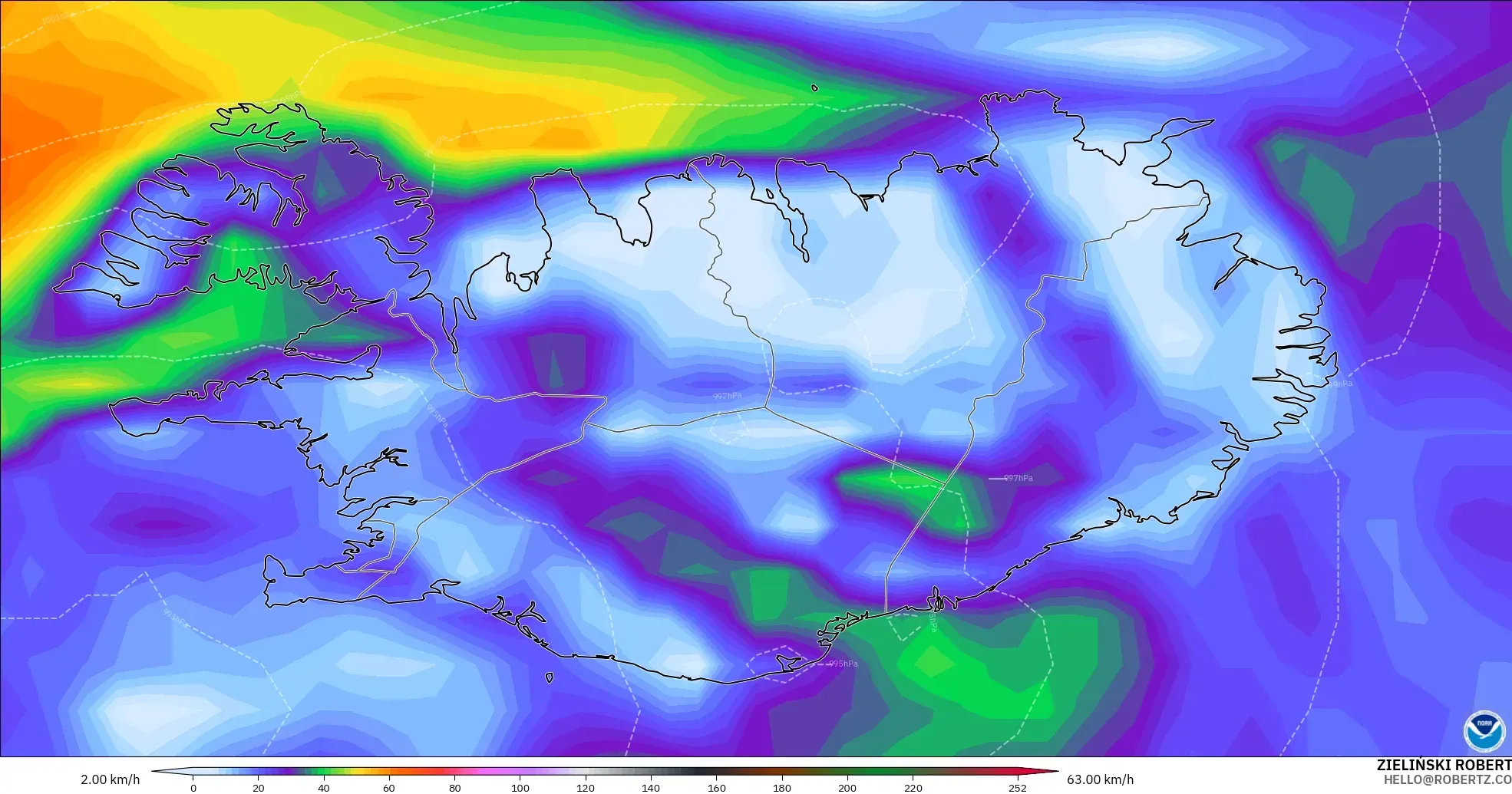 GFS model - Iceland, Hembusan Tertinggi