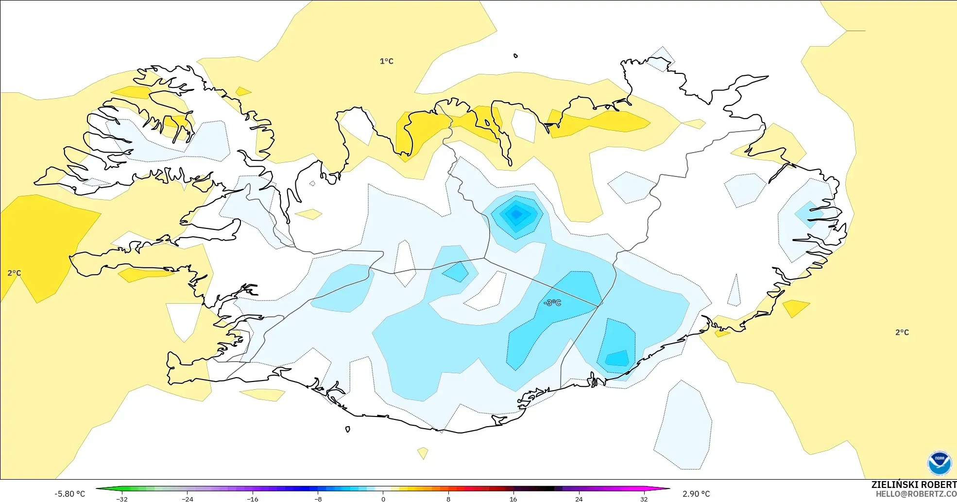 GFS model - Iceland, Anomali Suhu 2 m