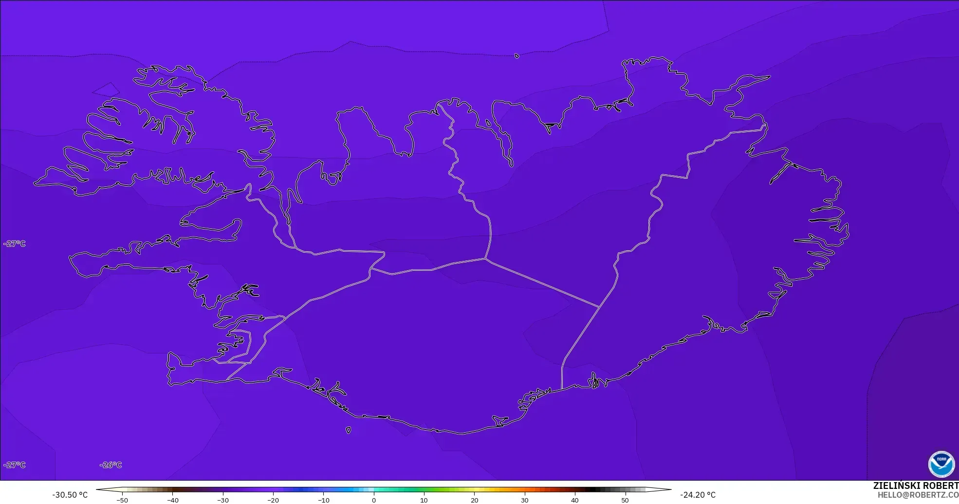 GFS model - Iceland, Suhu 500 hPa