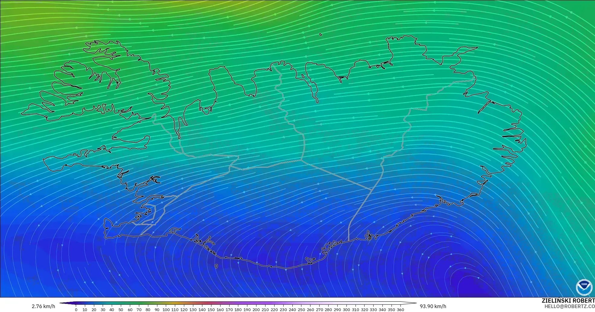 GFS model - Iceland, Angin 300 hPa (aliran jet)