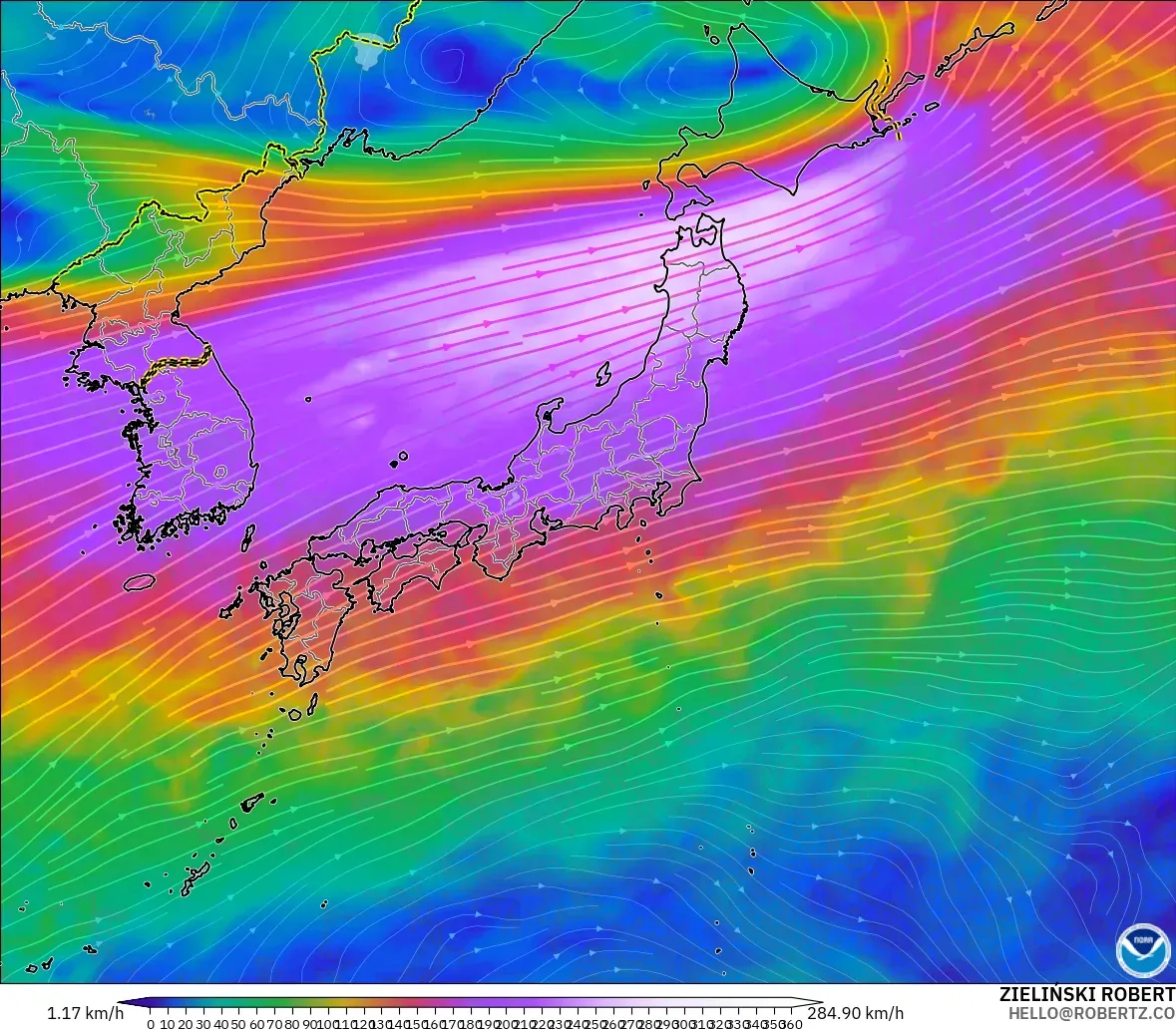 GFS model - Jepun, Angin 300 hPa (aliran jet)