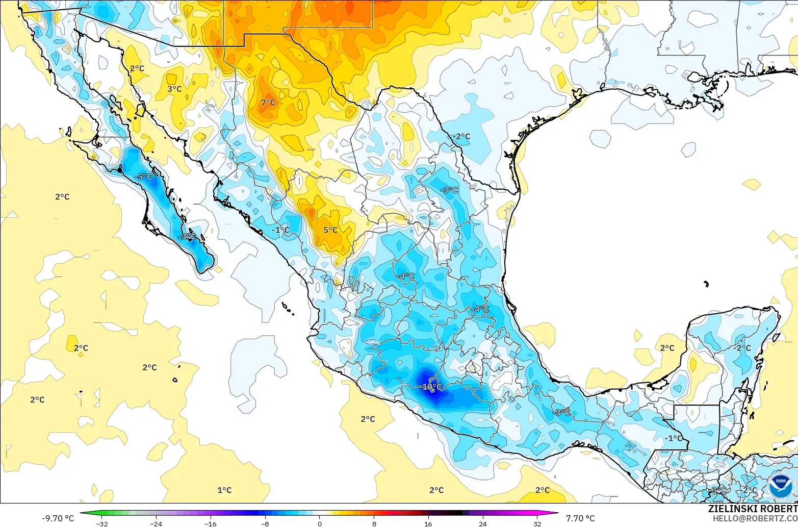 GFS model - Meksiko, Anomali Suhu 2 m